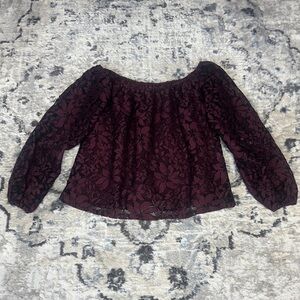 Hollister XS Burgundy Lace Off Shoulder Top Boho Floral Blouse
